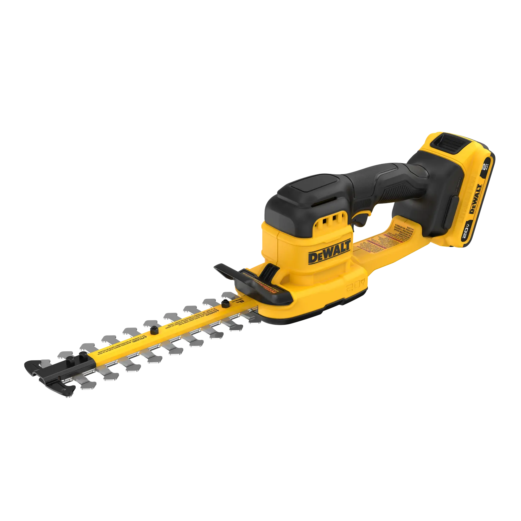 A DEWALT 20V cordless hedge trimmer with a yellow and black design, showing its dual-action blade and ergonomic handle.