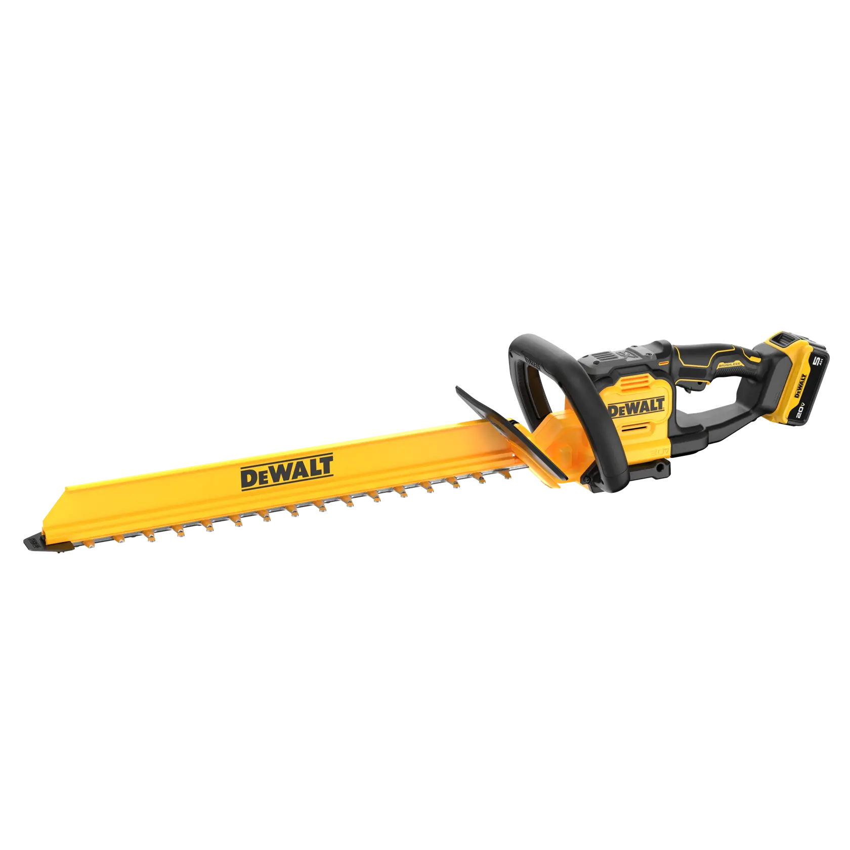 A yellow and black DEWALT cordless hedge trimmer with a long blade and protective handle, shown on a white background.