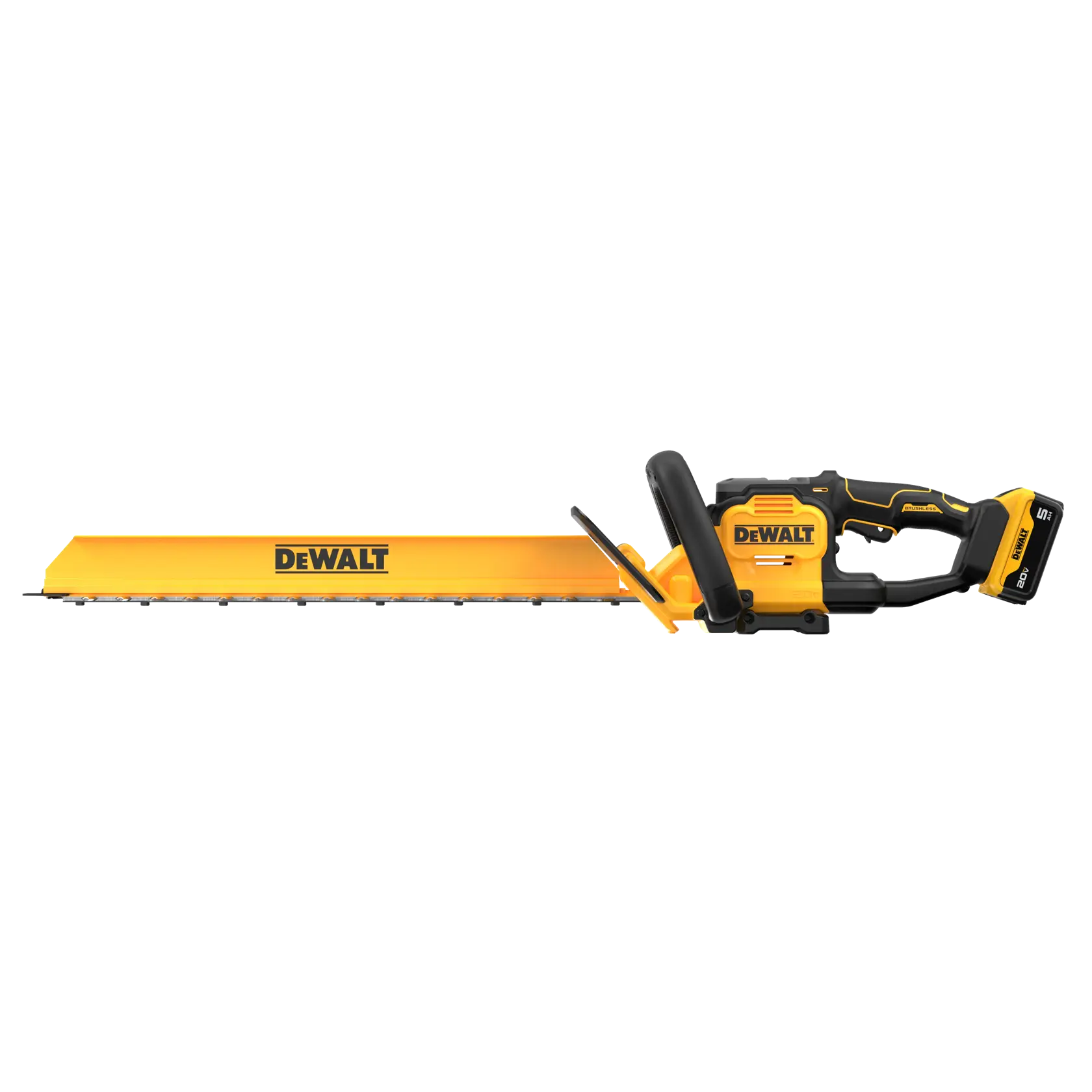 A DEWALT cordless hedge trimmer with a yellow and black design, featuring a long blade and ergonomic handle.