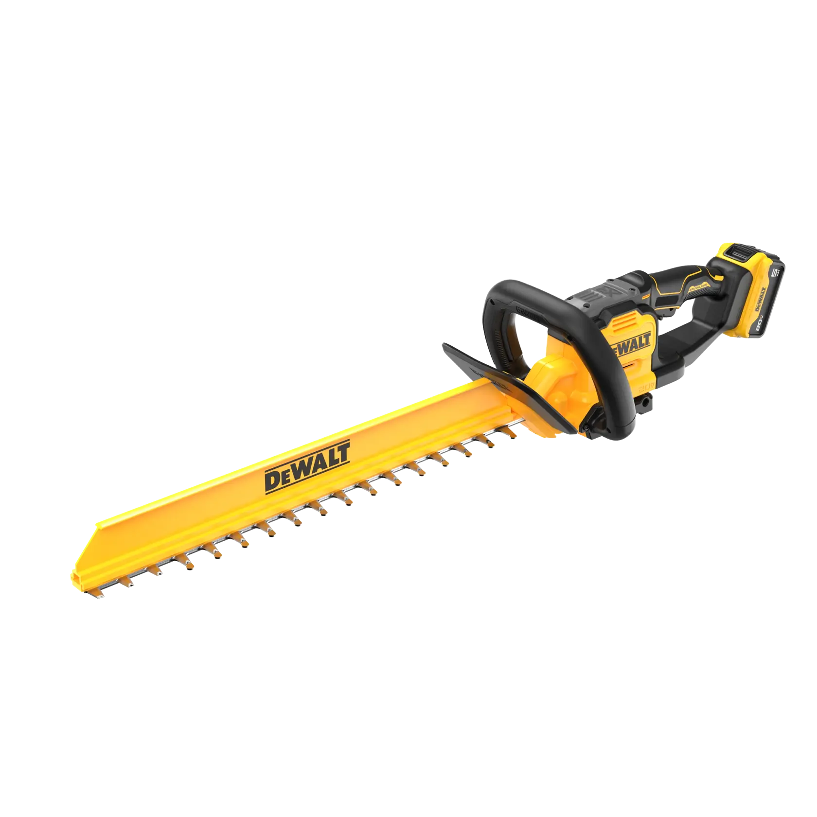 A yellow and black DEWALT cordless hedge trimmer with a protective blade cover, ergonomic handle, and battery pack attached at the rear.