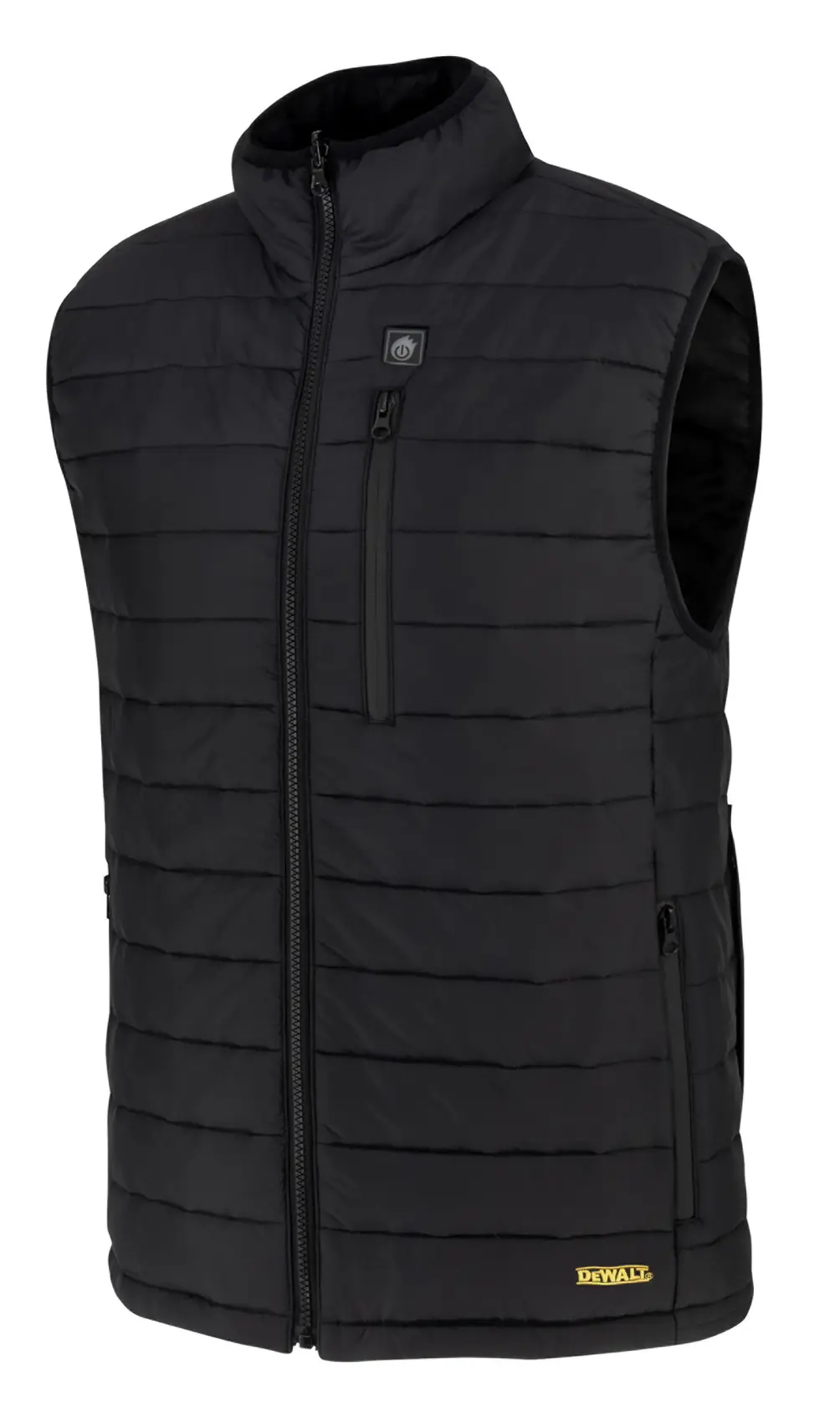 FRONT ANGLED VIEW OF BLACK DCHV095 MENS HEATED PUFFER VEST, ZIPPERED FRONT, ZIPPER CHEST POCKET AND DEWALT LOGO NEAR THE HEM