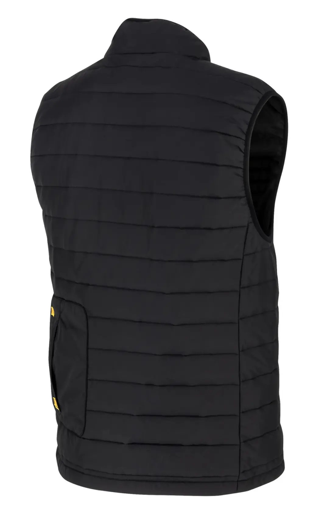 BACK ANGLED VIEW OF A BLACK DCHV095 MENS HEATED PUFFER VEST SHOWING DEWALT(R) BATTERY POCKET ON THE LOWER LEFT BACK