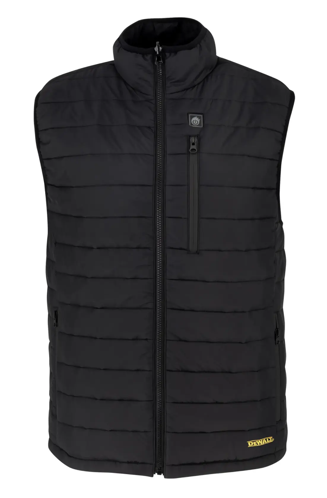 FRONT STRAIGHT ON VIEW OF BLACK DCHV095 MENS HEATED PUFFER VEST, ZIPPER FRONT, ZIPPER CHEST POCKET, DEWALT LOGO NEAR THE HEM