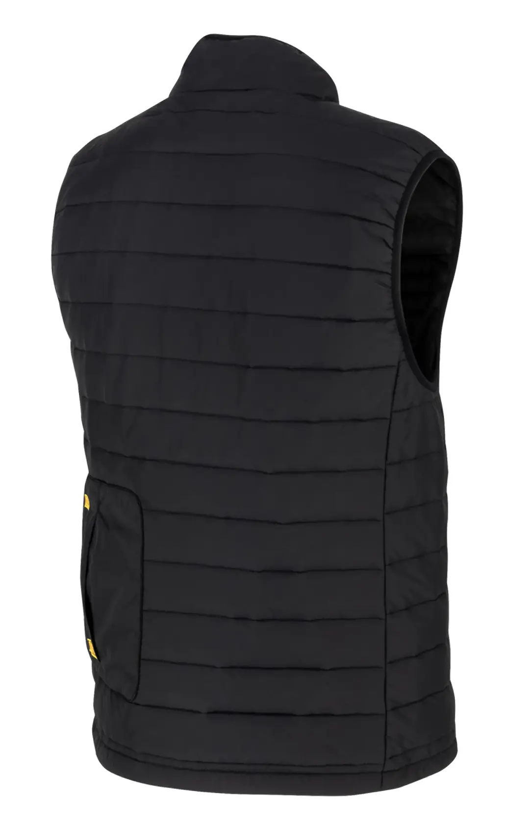 A black quilted sleeveless vest photographed from the back, showing horizontal stitching and a pocket on the lower left side.