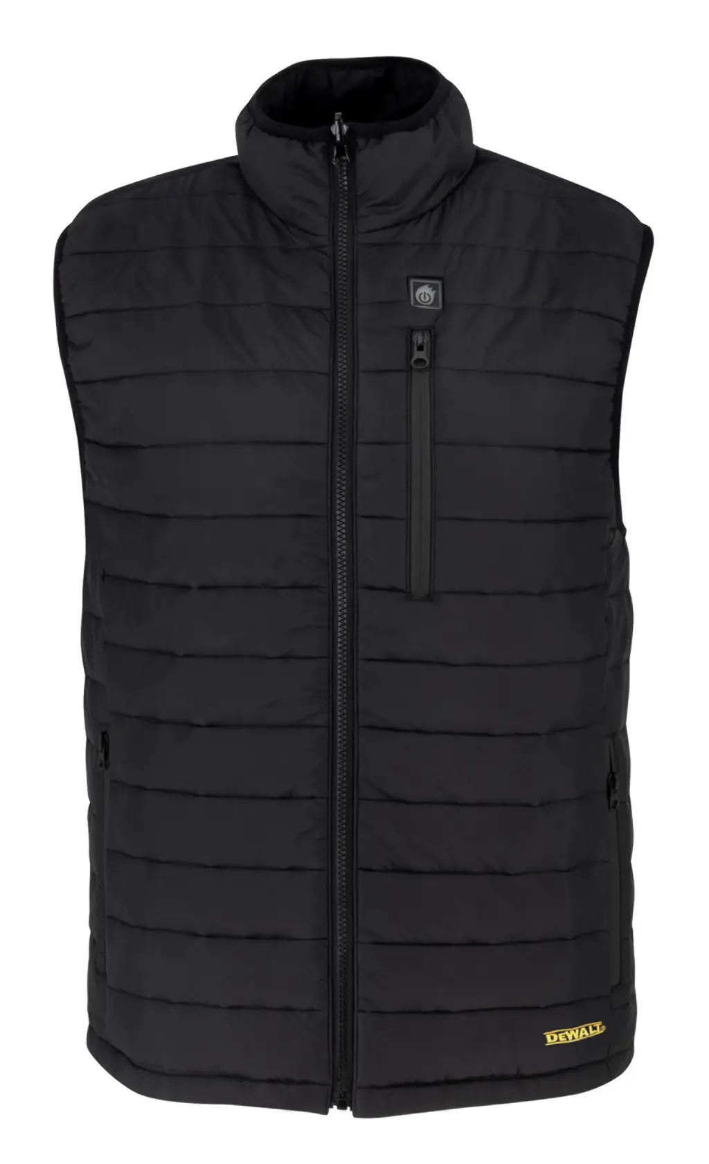 A black, sleeveless insulated vest with a zip-up front, vertical chest pocket, and the DEWALT logo near the bottom hem.