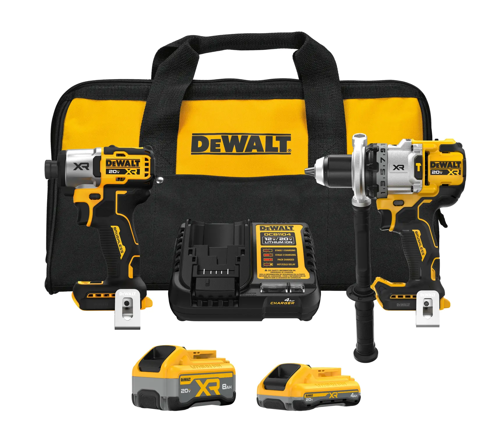 A DEWALT tool kit including a yellow and black carrying bag, a cordless impact driver, a cordless drill with side handle, a battery charger, and two 20V XR rechargeable batteries.