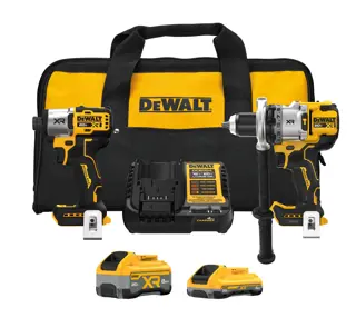 A DEWALT tool kit including a yellow and black carrying bag, a cordless impact driver, a cordless drill with side handle, a battery charger, and two 20V XR rechargeable batteries.