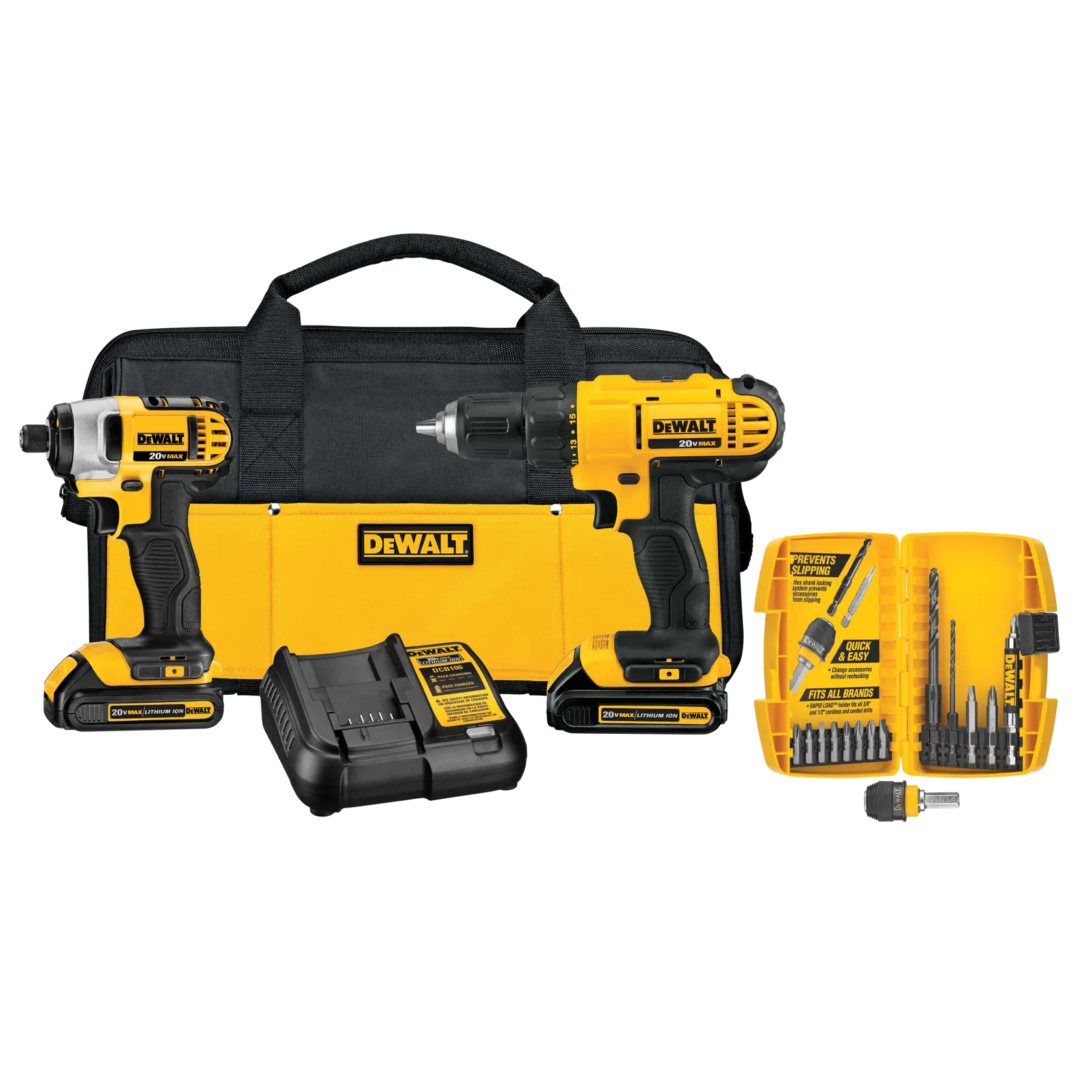 DEWALT 20V Max cordless drill and impact driver combo kit with two power tools, a battery charger, two batteries, a black and yellow carrying bag, and a yellow accessory kit containing various drill and driver bits.