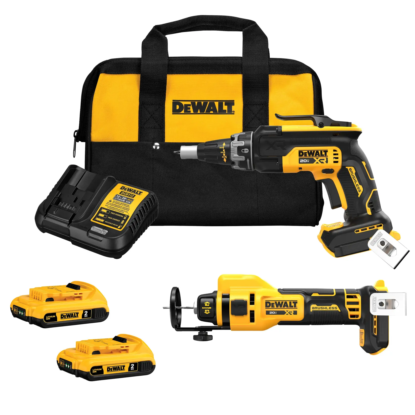 Combo kit includes 20V MAX XR(®) Brushless Drywall Screwgun, 20V MAX XR(®) Brushless Drywall Cutout Tool, two 2Ah batteries, charger and tool bag.