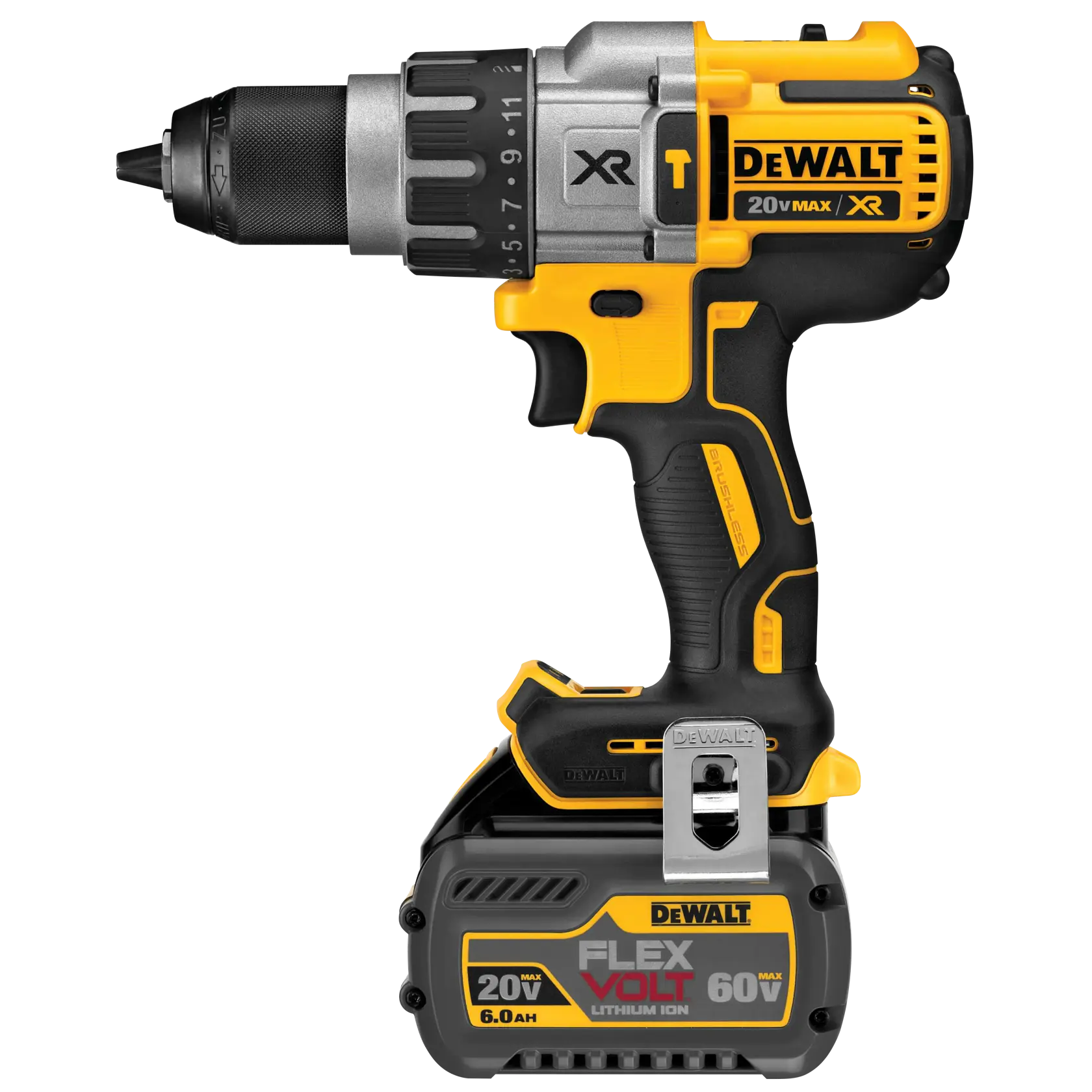 A DEWALT cordless power drill with a FLEXVOLT 20V/60V lithium ion battery attached. The drill is yellow and black, featuring a brushless motor and ergonomic grip.