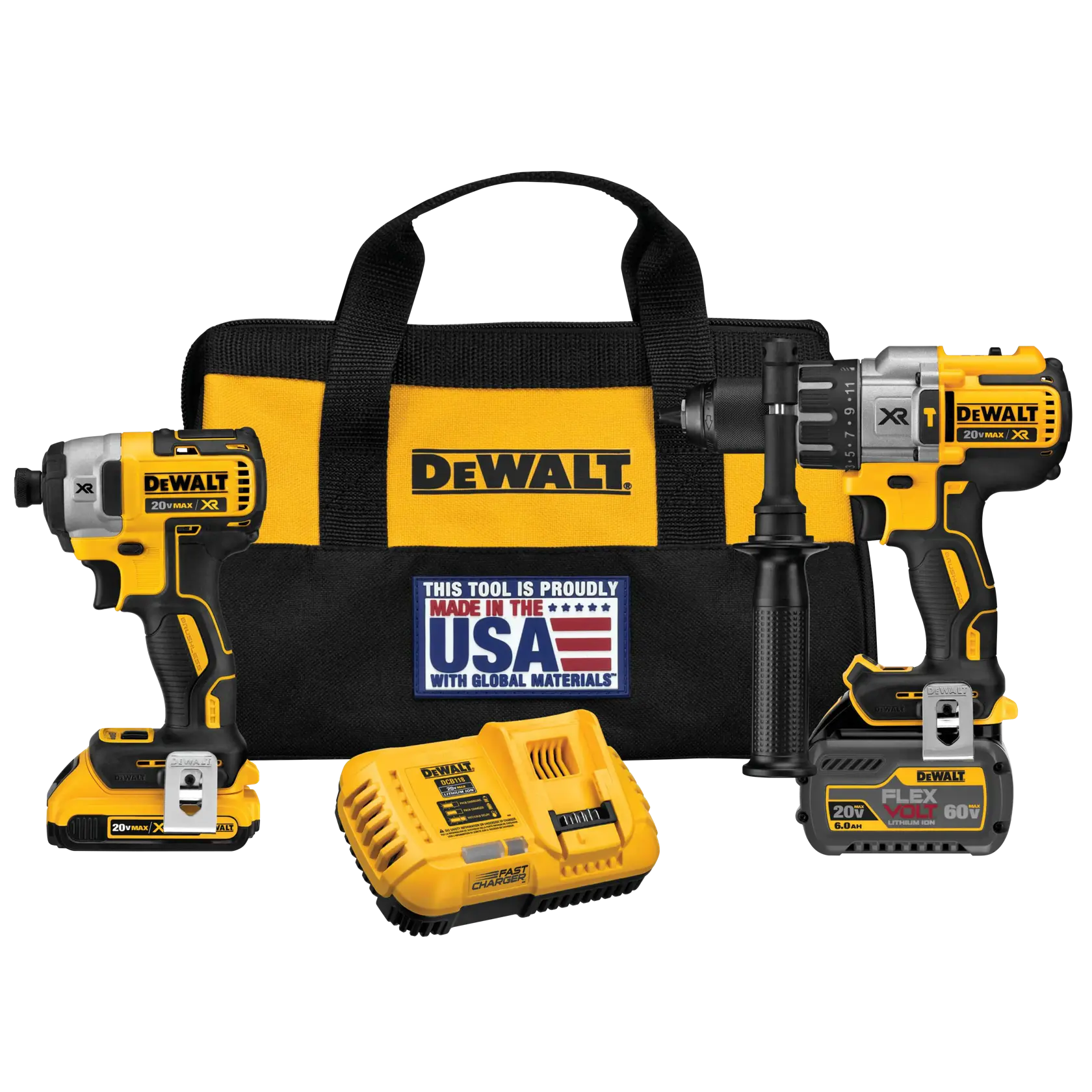 A DEWALT tool kit including a yellow and black carrying bag, a cordless drill, an impact driver, a battery charger, and two batteries. The bag displays a label stating 'This tool is proudly made in the USA with global materials.'