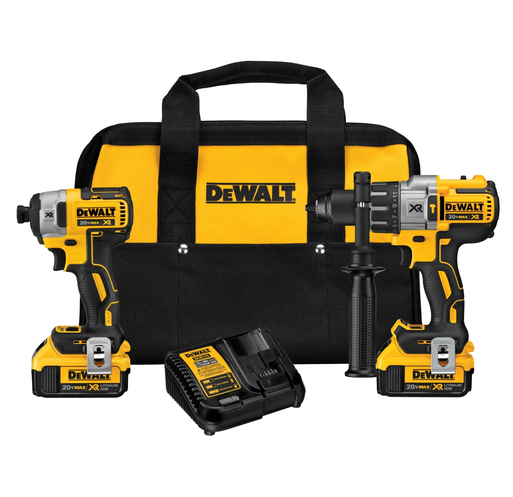 DEWALT tool kit featuring a cordless impact driver and a cordless drill, both with 20V batteries, a battery charger, and a black and yellow carrying bag.