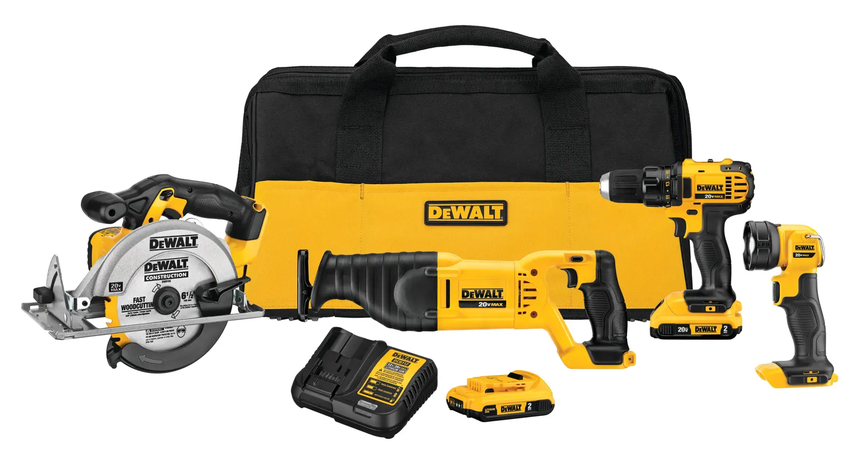 DEWALT tool set including a circular saw, reciprocating saw, cordless drill, flashlight, battery charger, two batteries, and a black and yellow carrying bag.