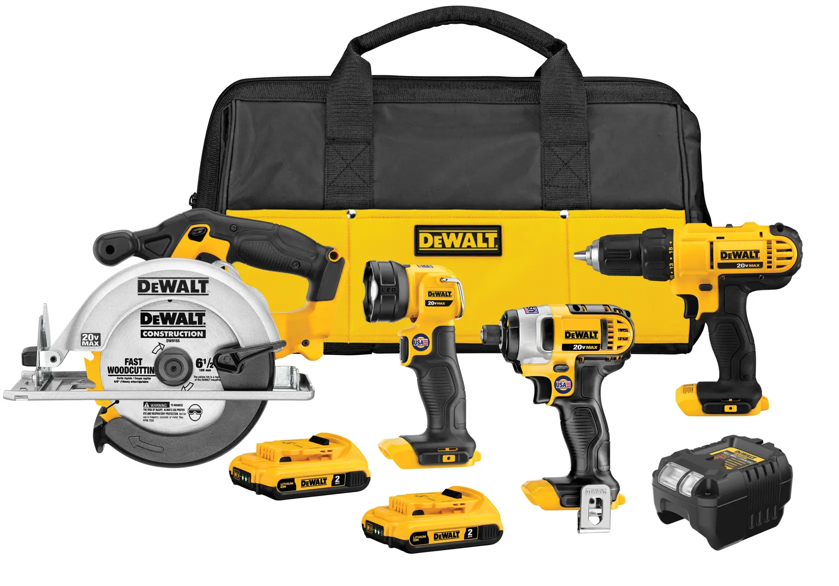 A DEWALT tool kit including a black and yellow carrying bag, a circular saw, a flashlight, a drill, an impact driver, three batteries, and a battery charger, all displayed together.
