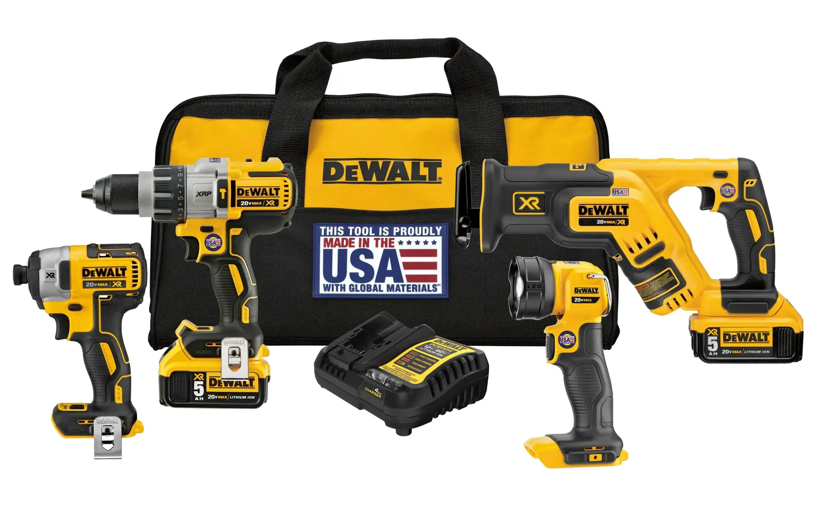 DEWALT tool kit featuring a durable black and yellow carrying bag, a cordless drill, an impact driver, a reciprocating saw, a flashlight, two batteries, and a charger. The bag displays a label indicating the tools are made in the USA with global materials.