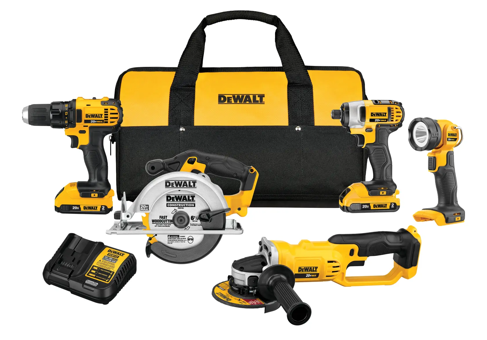 A DEWALT tool kit set with a yellow and black carrying bag, cordless drill, impact driver, flashlight, circular saw, angle grinder, and battery charger, all arranged in front of the bag.