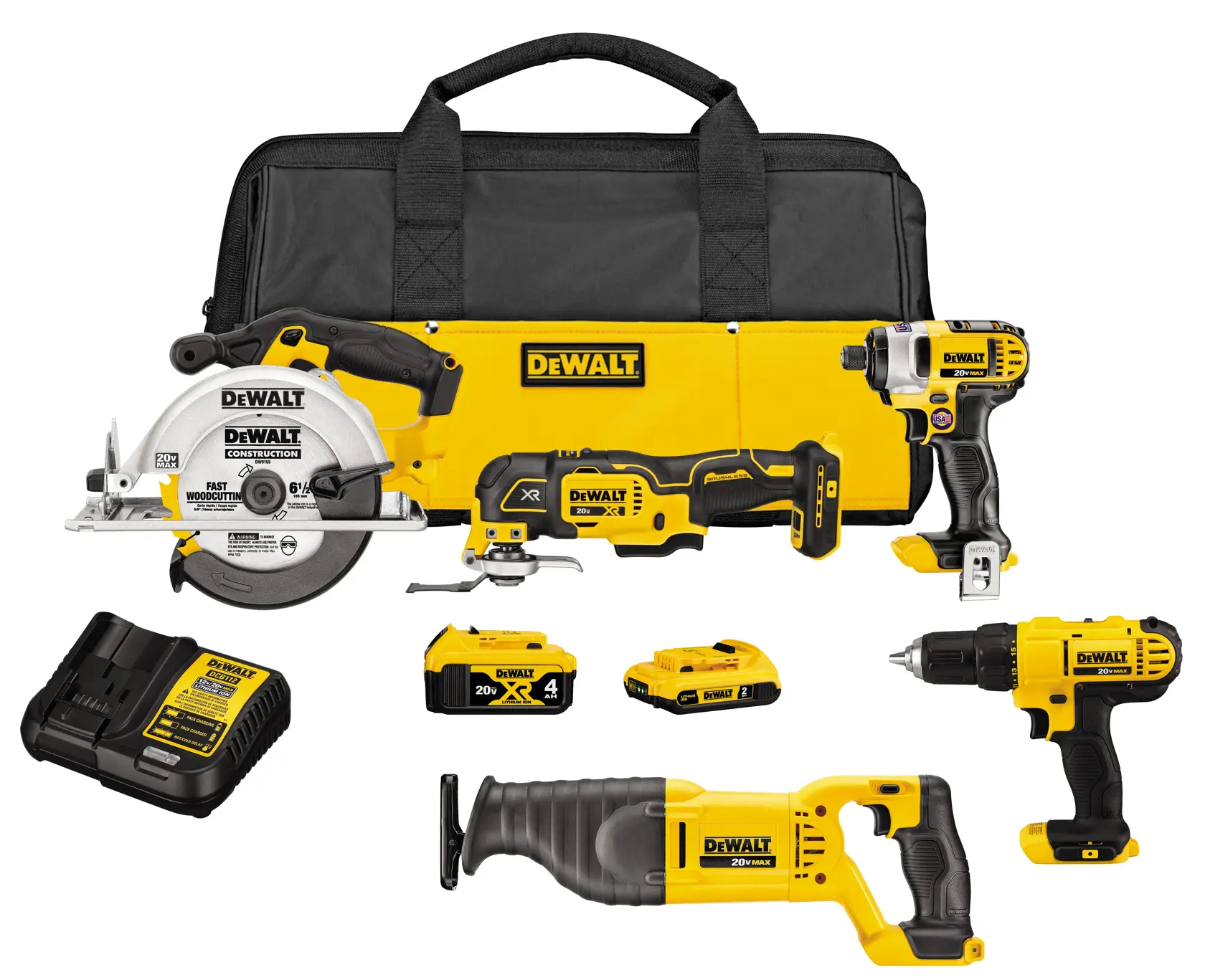 A DEWALT 20V MAX cordless tool kit that includes a yellow and black carrying bag, a circular saw, a reciprocating saw, an angle grinder, an impact driver, a drill, two batteries, and a battery charger. All tools and accessories are arranged neatly for display.