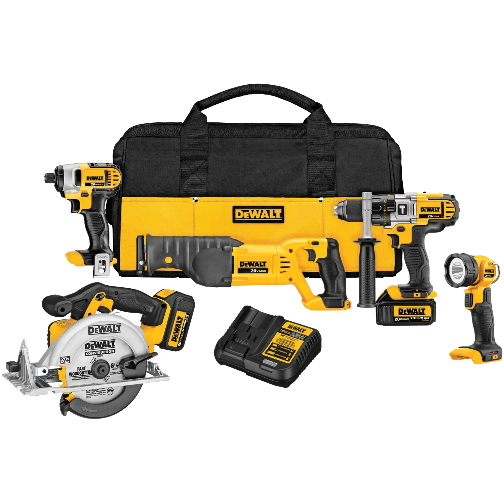 A comprehensive DEWALT tool kit including a yellow and black carrying bag, cordless impact driver, cordless reciprocating saw, cordless hammer drill, cordless flashlight, cordless circular saw, and a battery charger.
