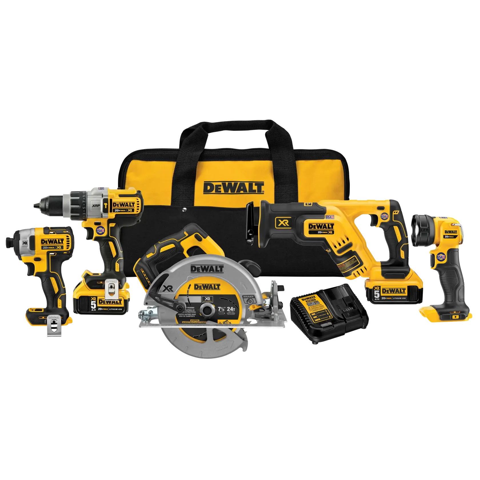 A set of DEWALT cordless power tools, including a drill, an impact driver, a reciprocating saw, a circular saw, a flashlight, two batteries, a charger, and a black and yellow carrying bag.