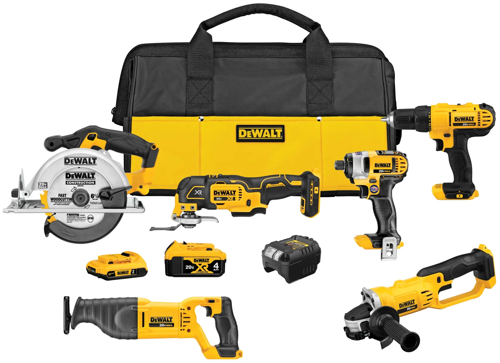 A DEWALT tool kit featuring a black and yellow carrying bag and six cordless power tools, including a circular saw, reciprocating saw, oscillating multi-tool, angle grinder, drill, and impact driver. The set also includes multiple rechargeable batteries and a charger.