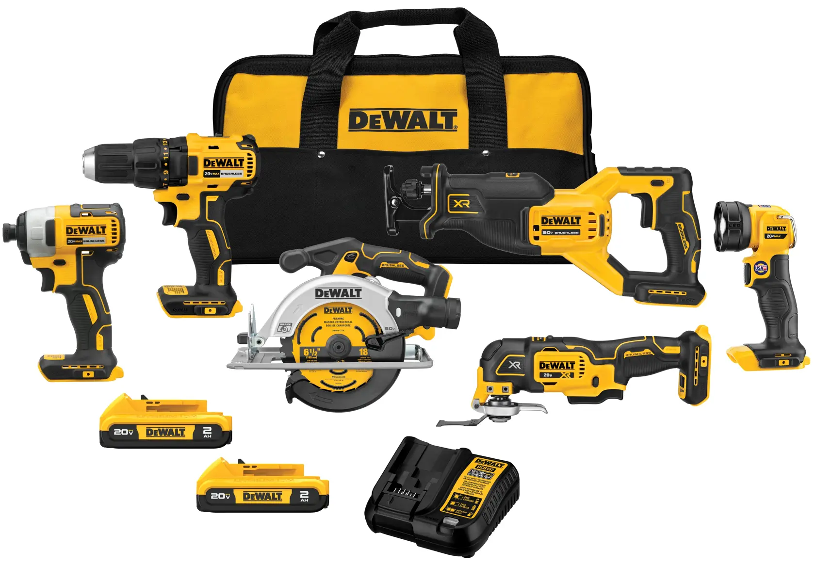 Six DEWALT power tools, bag, charger, and two batteries on a white background.rn