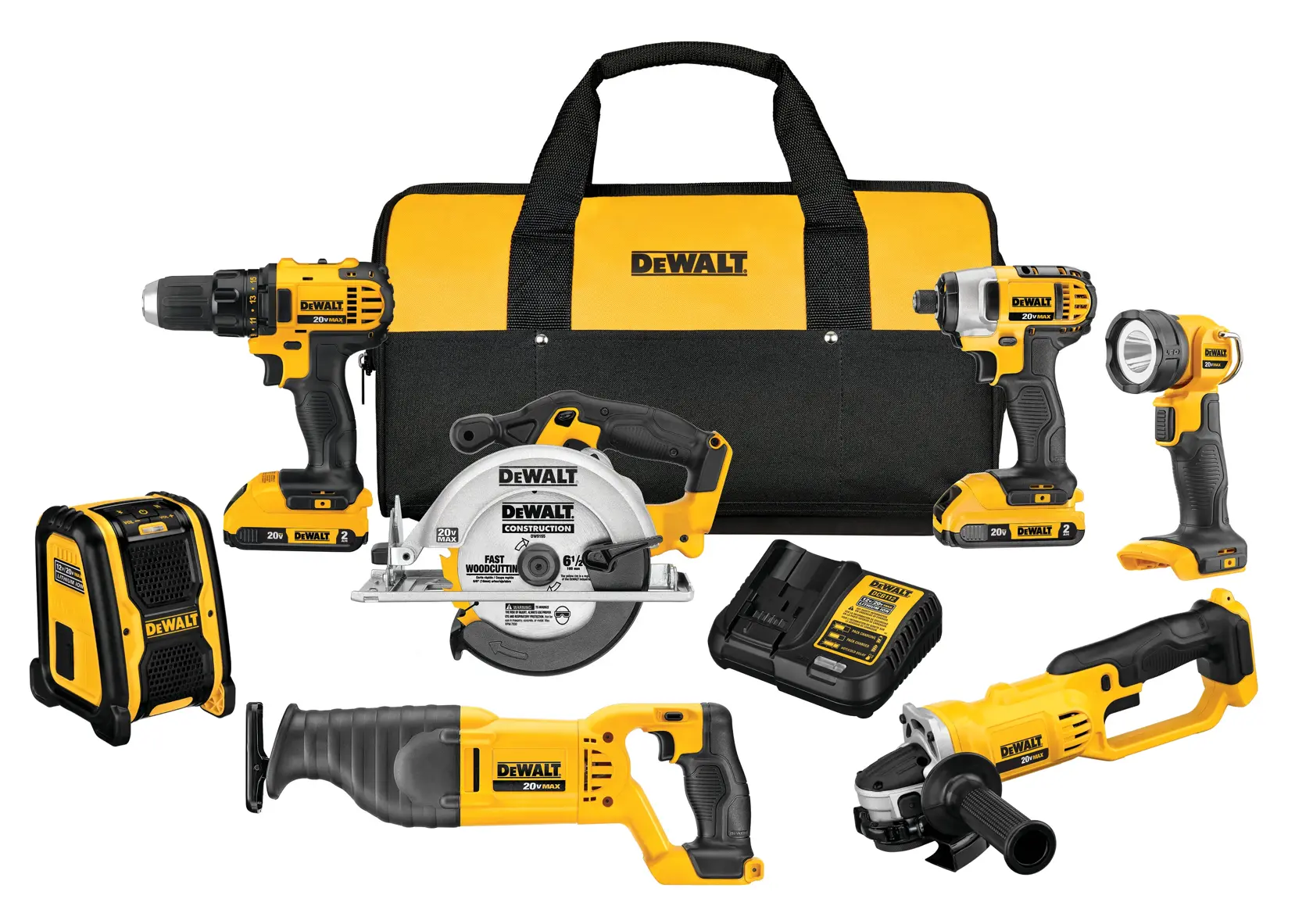 A set of DEWALT power tools is displayed, including a cordless drill, impact driver, circular saw, reciprocating saw, angle grinder, work light, radio, and battery charger. All tools are yellow and black, and are arranged in front of a large DEWALT branded carrying bag.