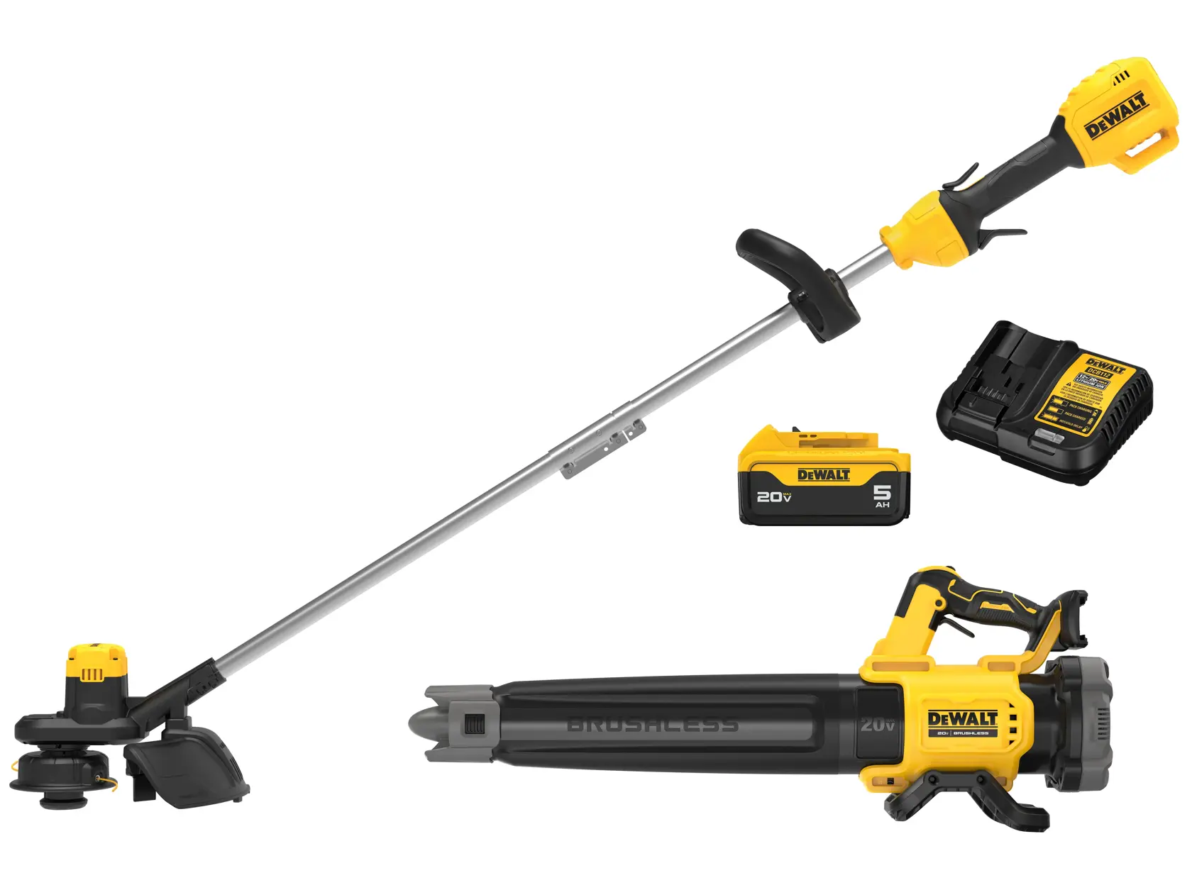 A set of yellow and black Dewalt cordless outdoor power tools, including a string trimmer, a leaf blower, a 20V lithium-ion battery, and a battery charger.