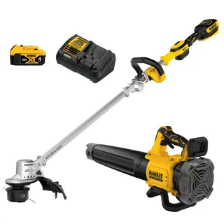 Profile of folding string trimmer, handheld axial blower, battery, and charger