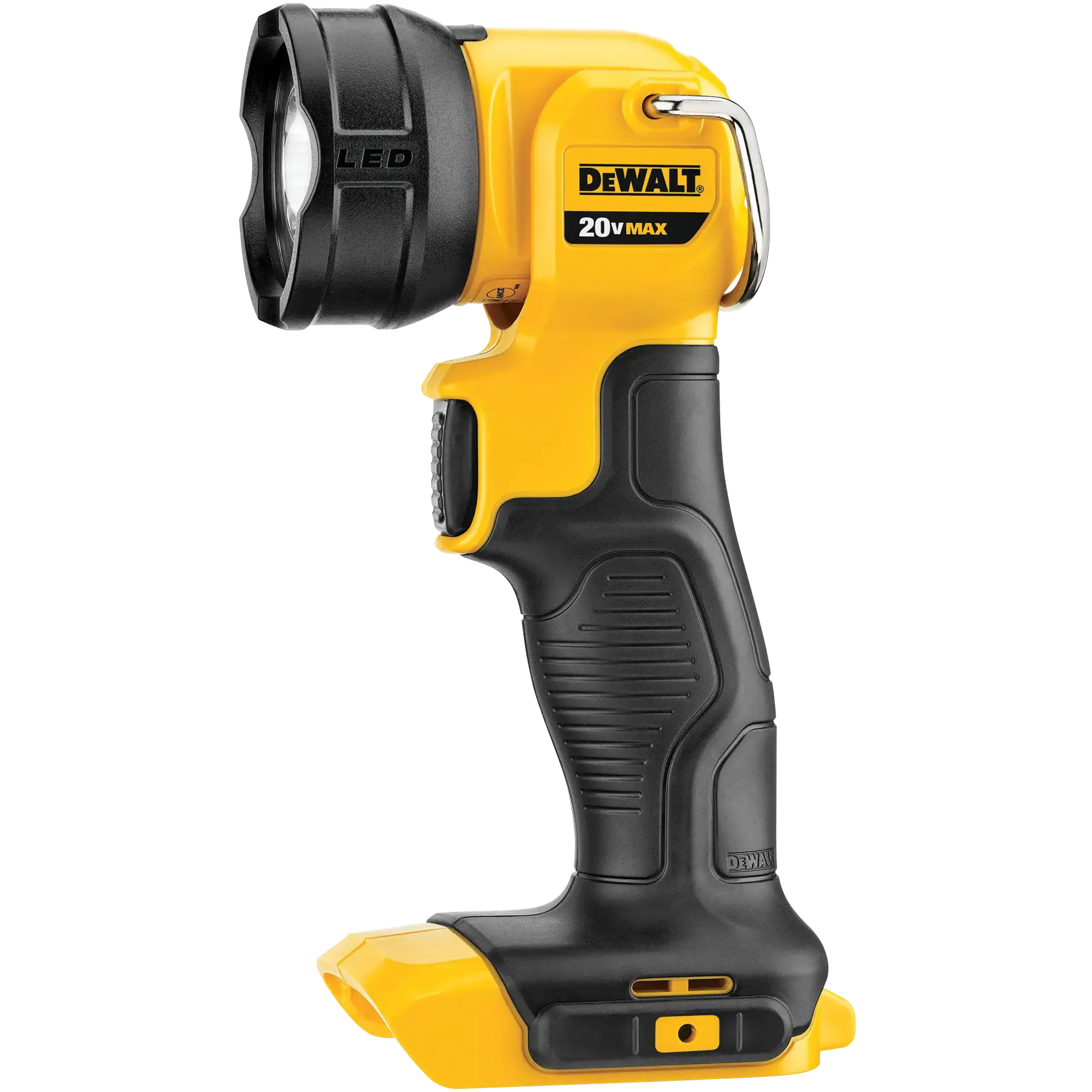 A DEWALT 20V MAX cordless LED work light with a yellow and black body, ergonomic handle, and a hook for hanging. The light is designed for use with rechargeable batteries, shown without battery attached.