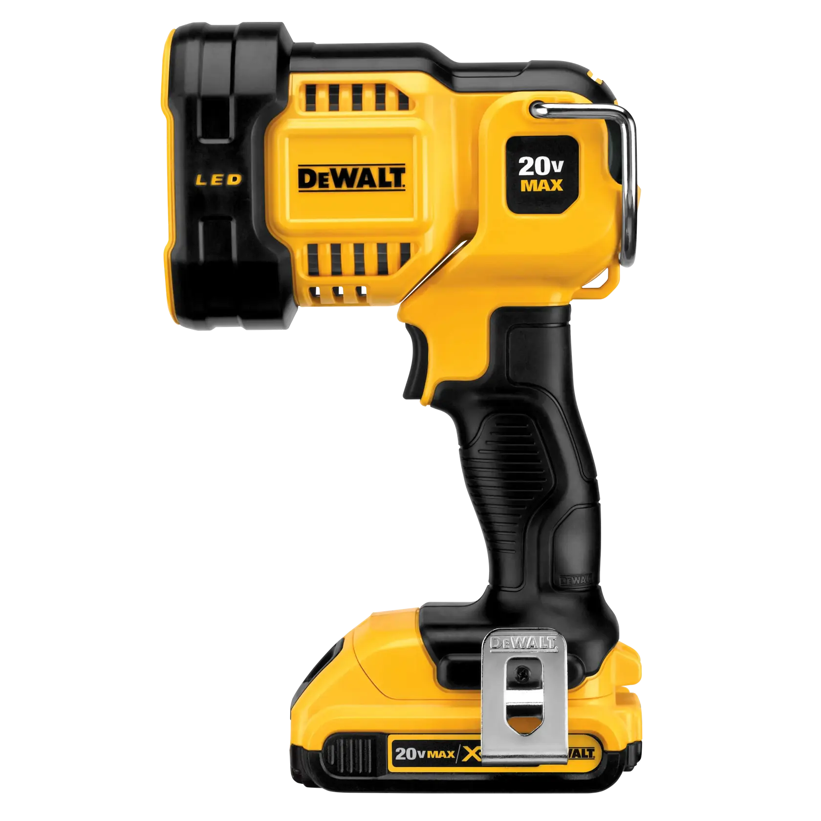 jobsite LED spotlight on the floor illuminating a person working at a construction site