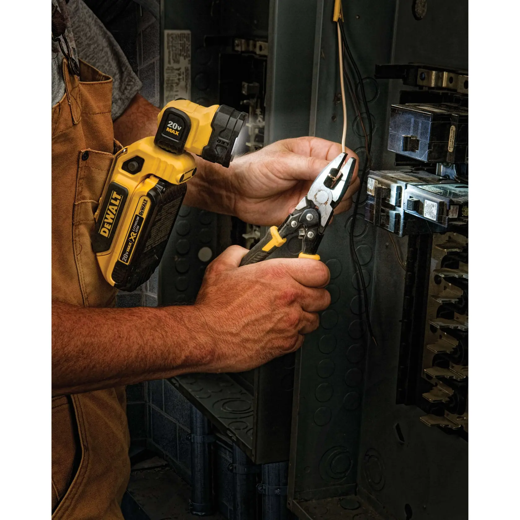 A DEWALT battery and charger are shown inside a large yellow circle with a diagonal line across them, indicating they are not included. Text below reads: 'Battery and charger sold separately.'