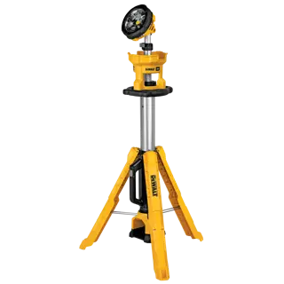 cordless tripod light with extended telescoping pole being used by a construction worker