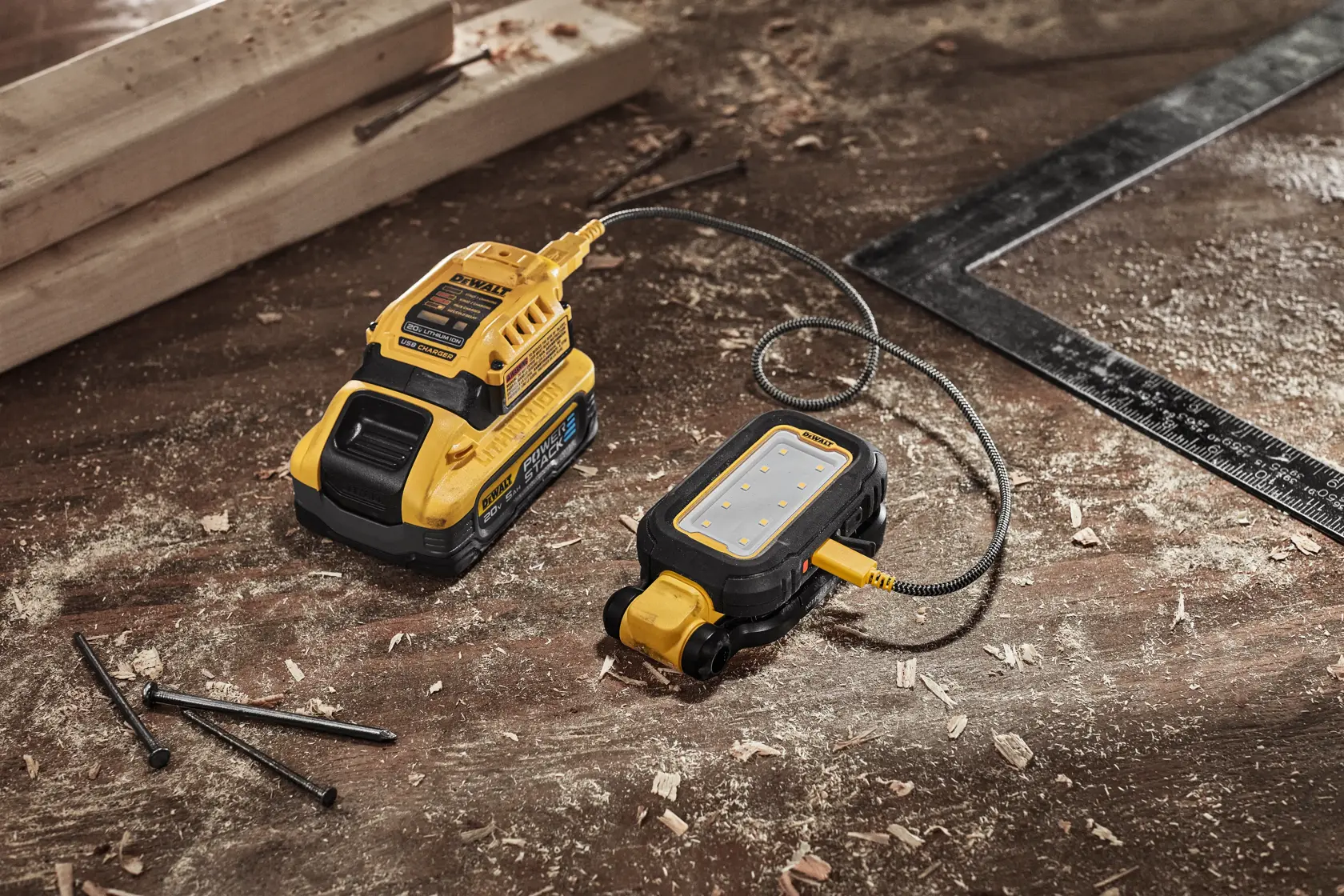 DEWALT task light charging using the DCB094K DART charger that has DCBP042 POWERSTACK™ compact battery 