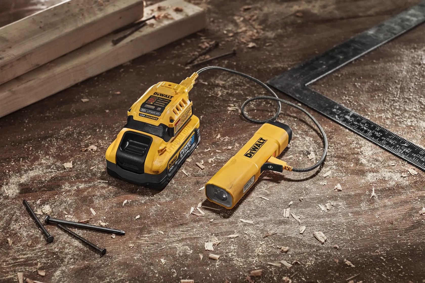 DEWALT flash light charging using the DCB094K DART charger that has DCB205 battery