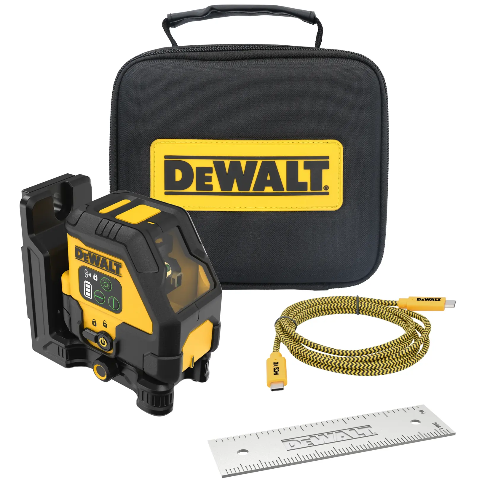 A DEWALT branded photography product kit including a black and yellow laser measuring tool, a carrying case with a yellow DEWALT logo, a yellow and black USB cable, and a metal ruler with the DEWALT logo.