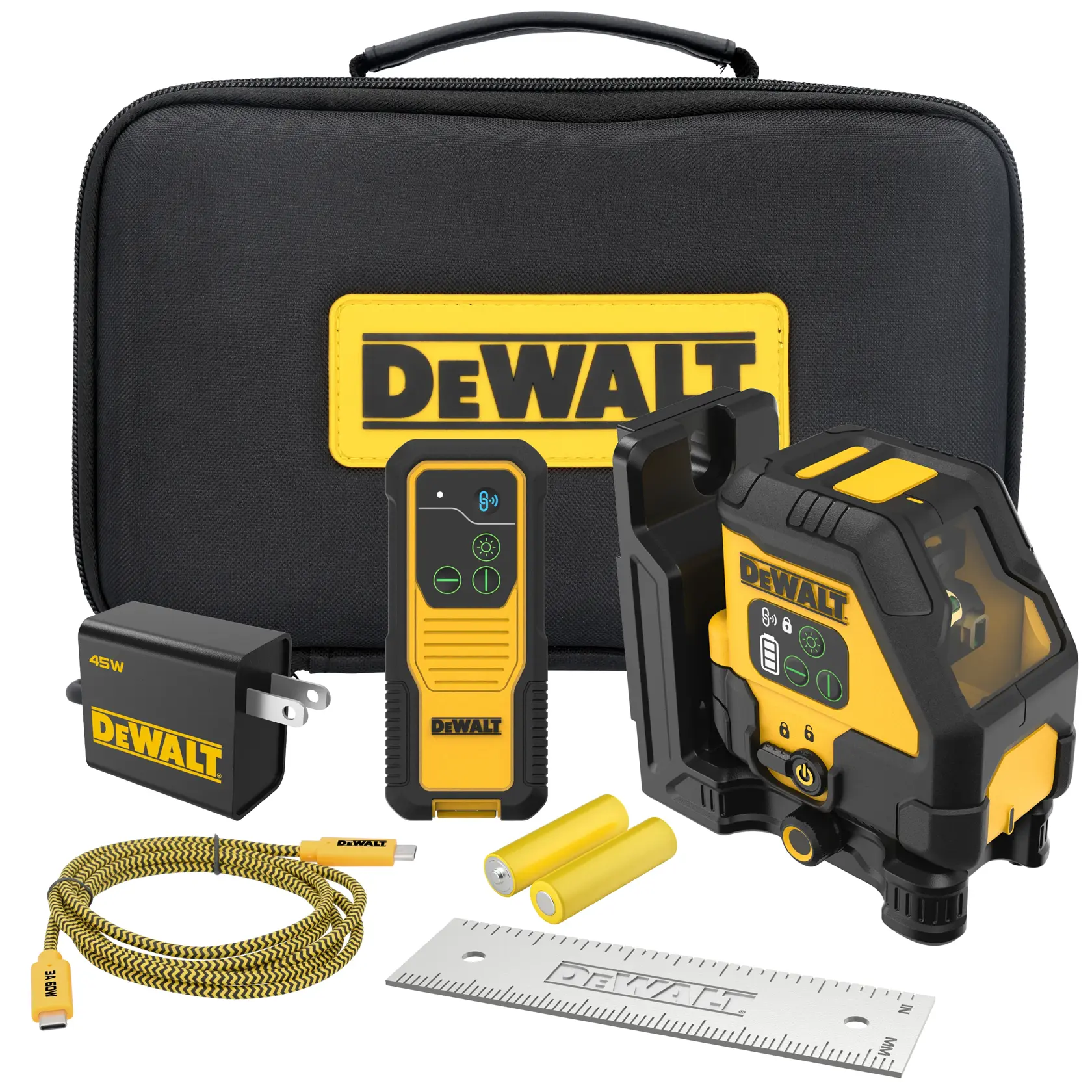 A DEWALT photography product kit is shown including a black and yellow carrying case, a laser measurement tool, a remote control, a 45W USB wall charger, a yellow USB cable, two cylindrical batteries, and a metal ruler, all branded with the DEWALT logo.