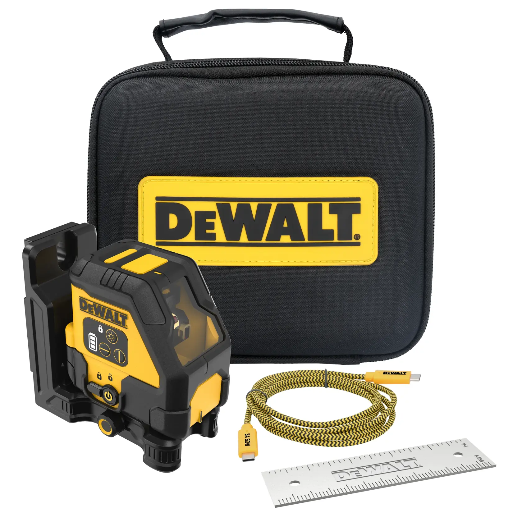 A DEWALT photography product kit includes a black and yellow laser level device, a carrying case with a DEWALT logo, a yellow and black USB cable, and a metal ruler.
