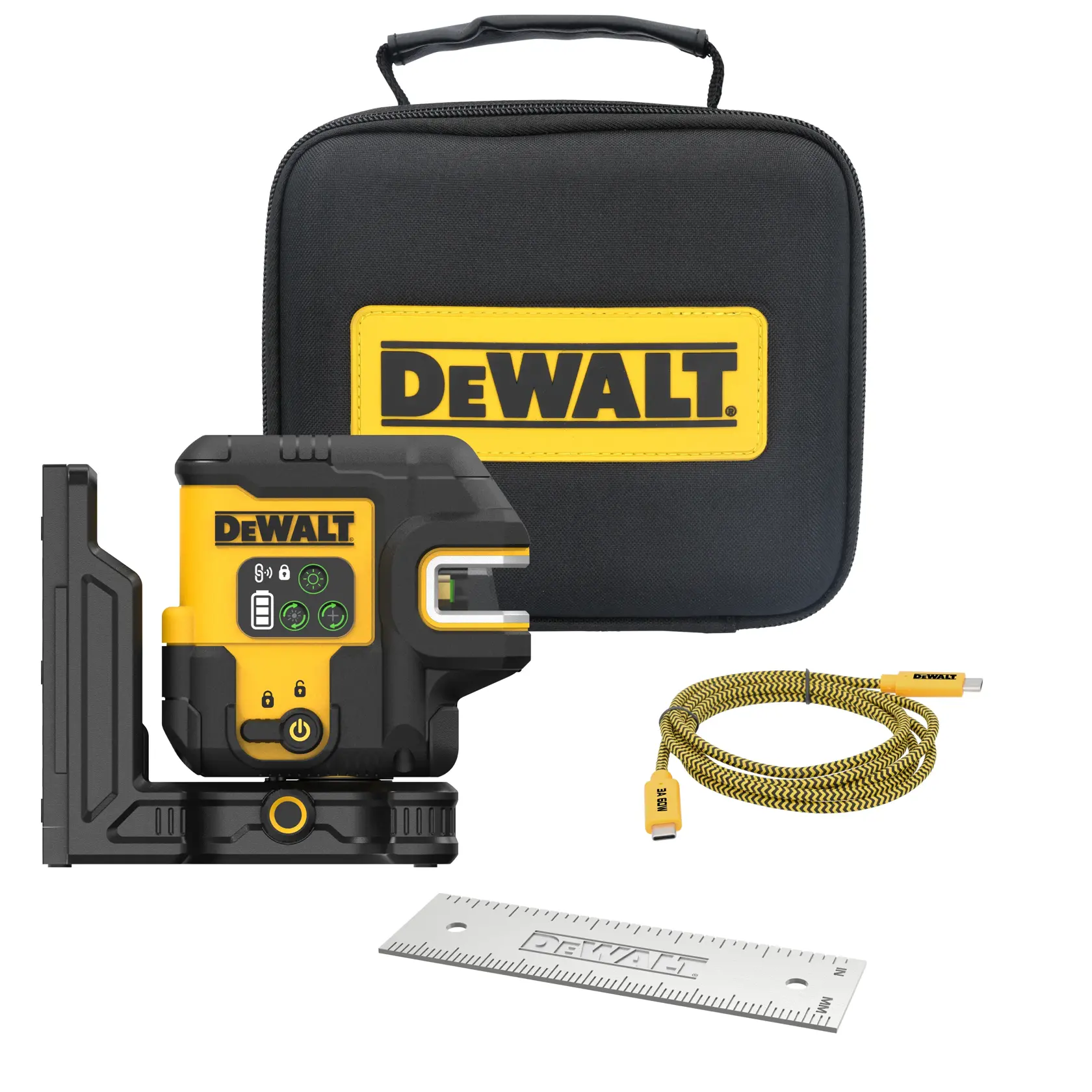 A DEWALT branded laser level kit, including a black and yellow laser level device, a protective carrying case, a yellow and black USB cable, and a silver DEWALT ruler.