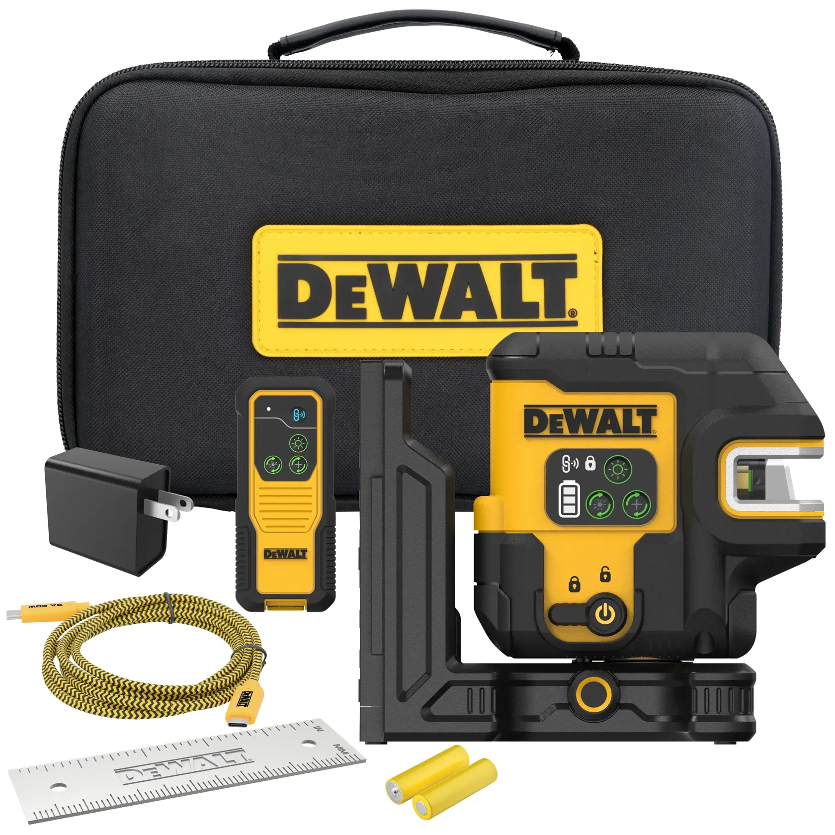 DEWALT green line laser photography tool kit, including a black and yellow laser device, a remote control, a charger, two batteries, a yellow cable, a metal ruler, and a black carrying case with DEWALT logo.