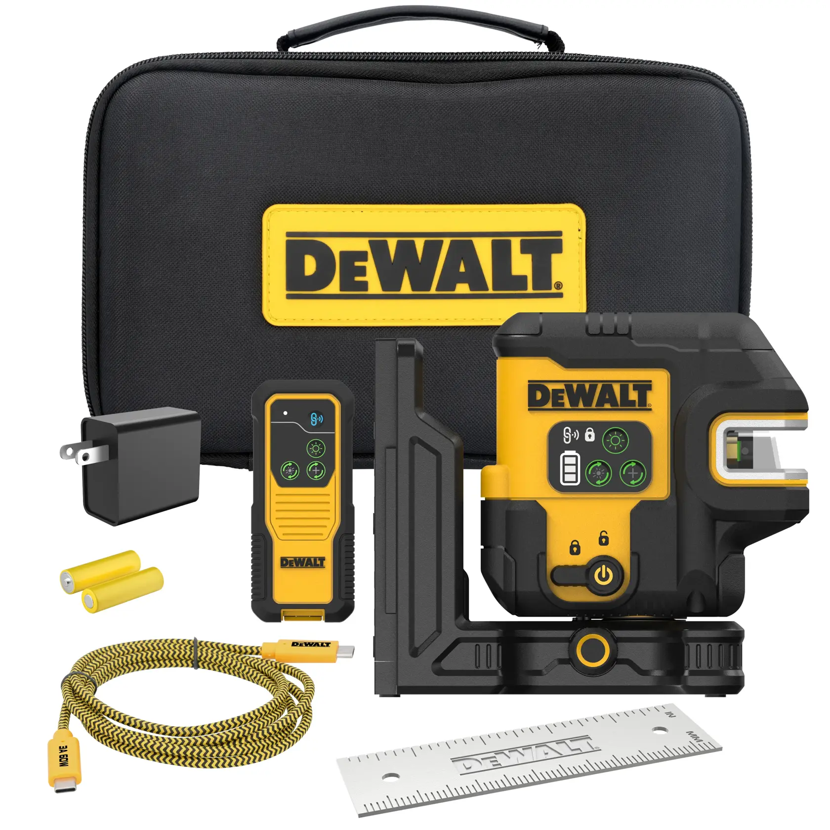 DEWALT DCLE14251G photography kit includes a black and yellow laser level, remote control, wall mount, power adapter, two batteries, USB charging cable, metal ruler, and a black carrying case with yellow DEWALT logo.
