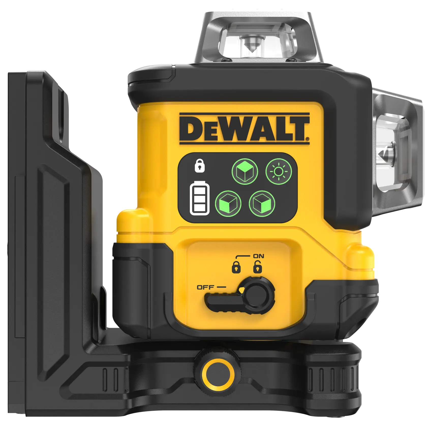A DEWALT branded yellow and black laser level device with multiple control buttons and a locking switch, designed for precise leveling and alignment tasks.