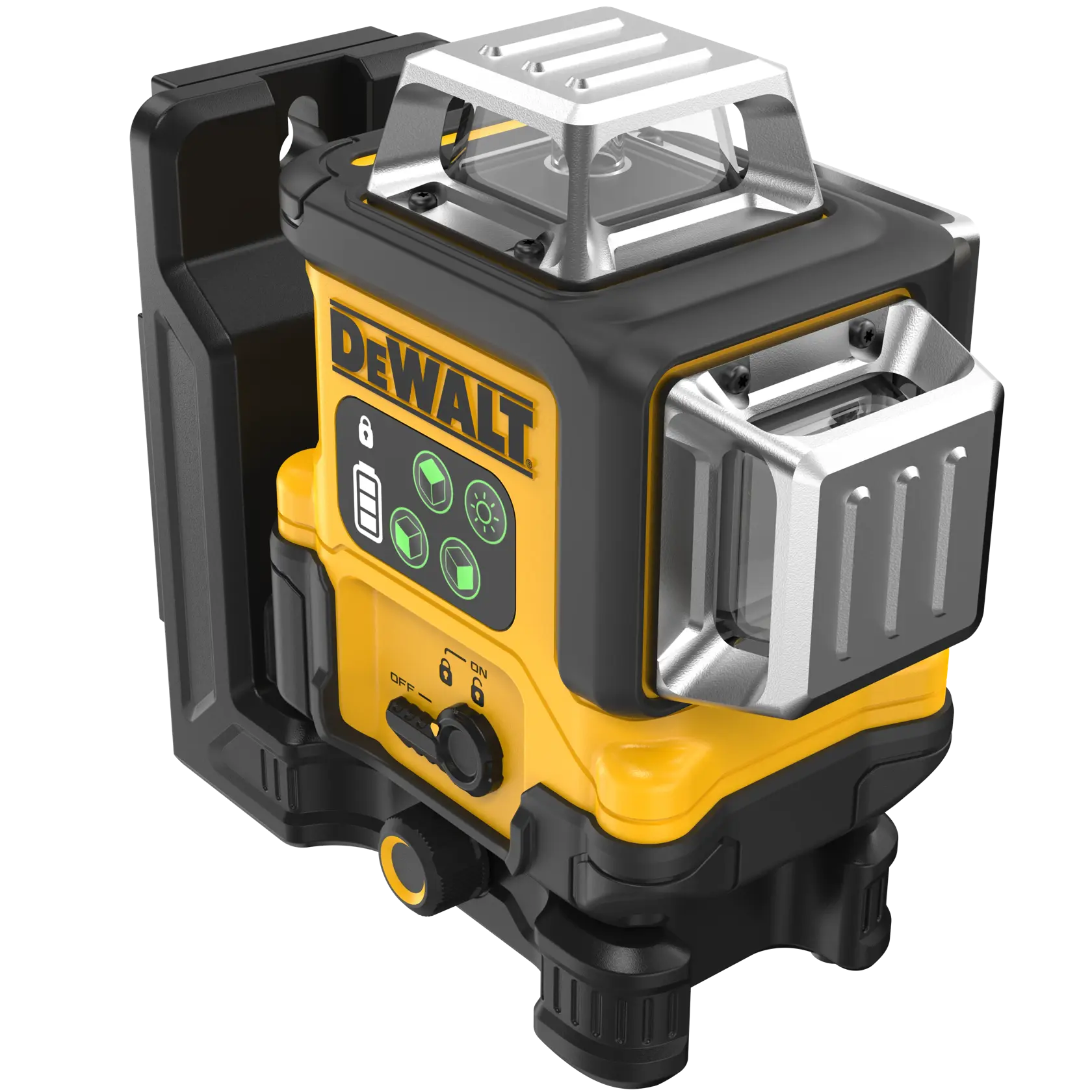 A DEWALT branded laser level tool with a yellow and black body, featuring control buttons, battery indicator, and protective metal housings around the laser components.