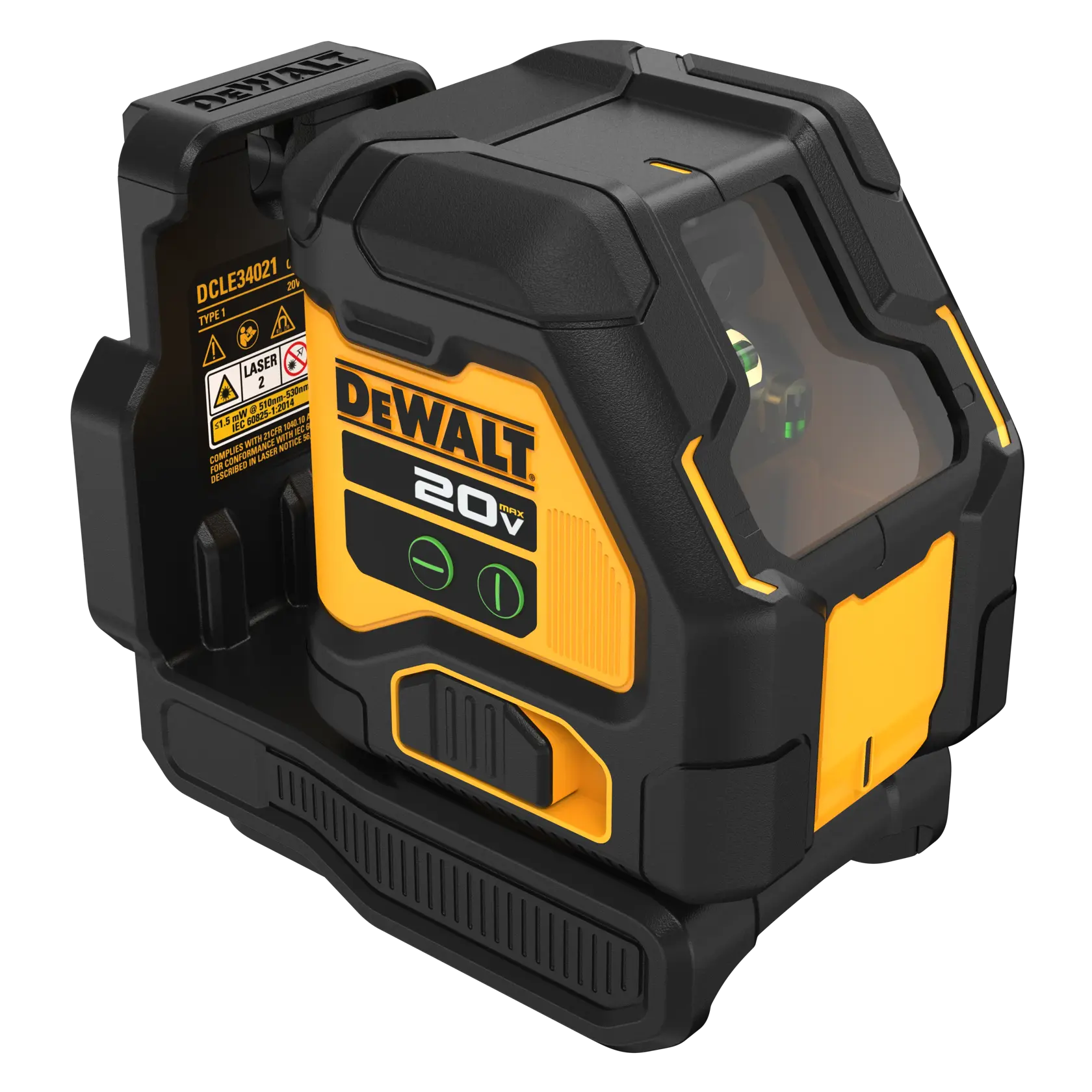 A DEWALT battery and charger are shown inside a large yellow circle with a diagonal line across them, indicating they are not included. Text below reads: 'Battery and charger sold separately.'