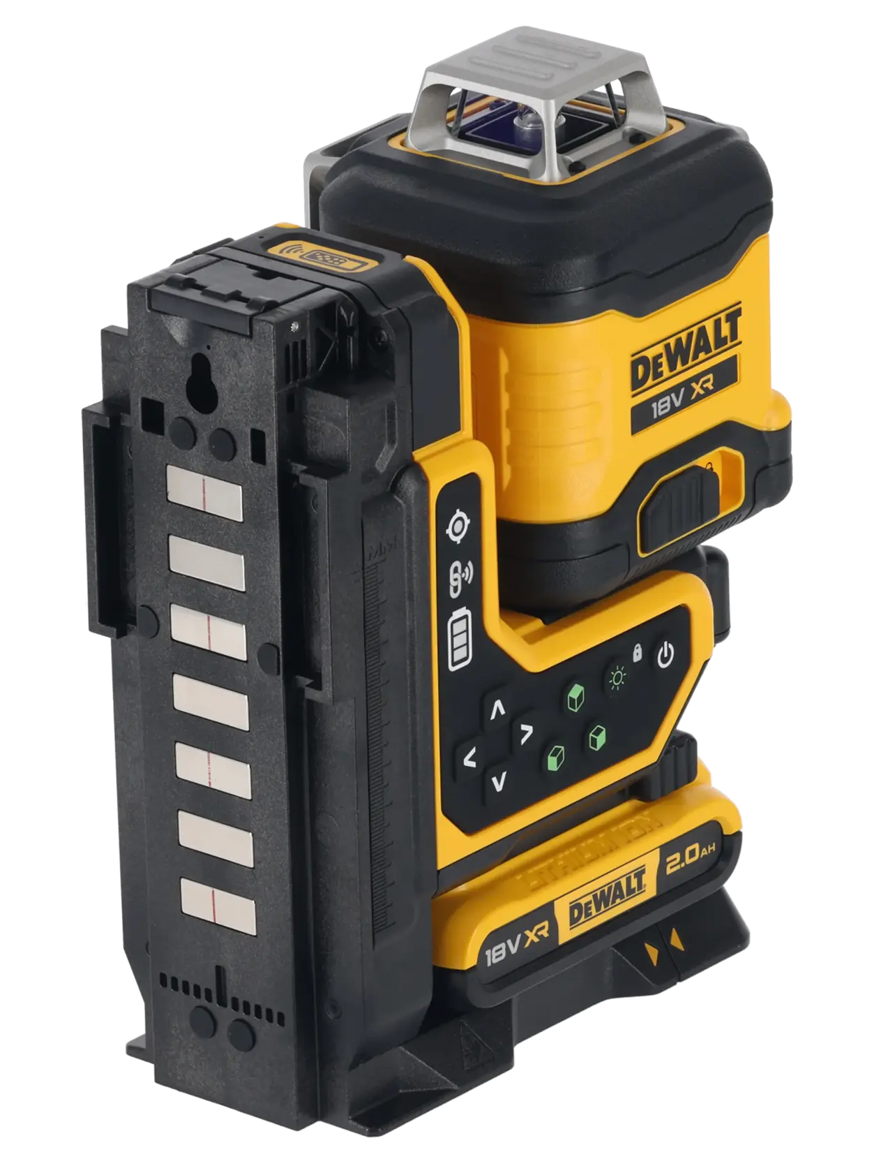 The Remote Control XR x 360 Line Laser on multi-surface mounting plate ¾ rear view