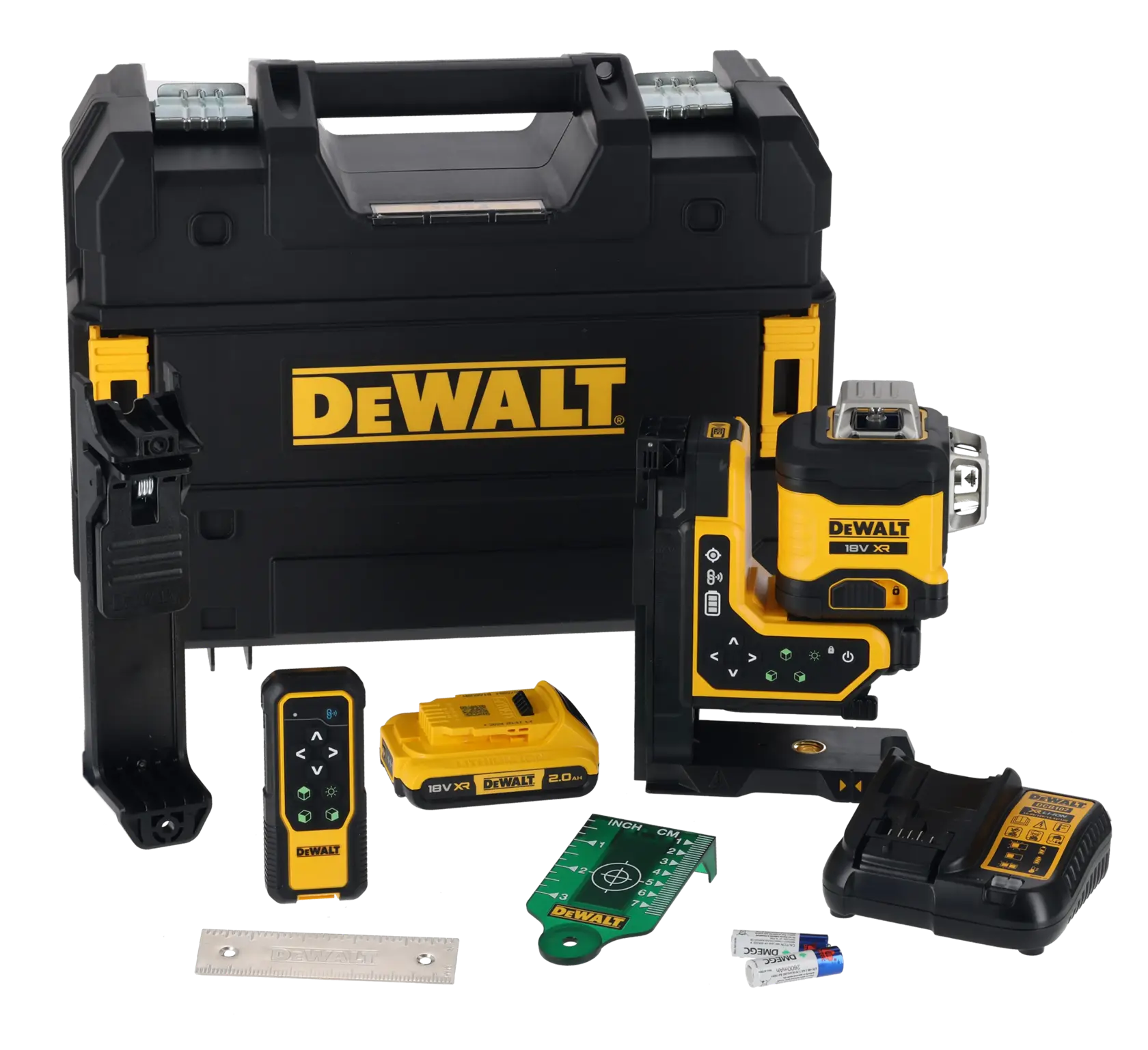 The Remote Control XR x 360 Line Laser Kit with TSTAK case, multi-surface mounting plate, remote control, drop ceiling attachment, target card, battery pack, charger and 2x AA batteries