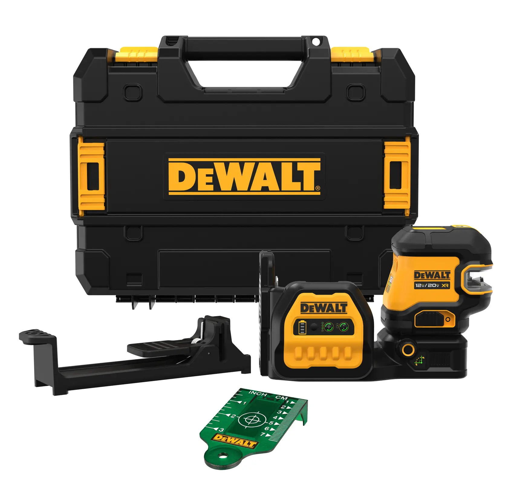 A DeWalt branded laser level kit including a black and yellow hard carrying case, a laser level device, mounting bracket, and a green inch/centimeter measurement target.
