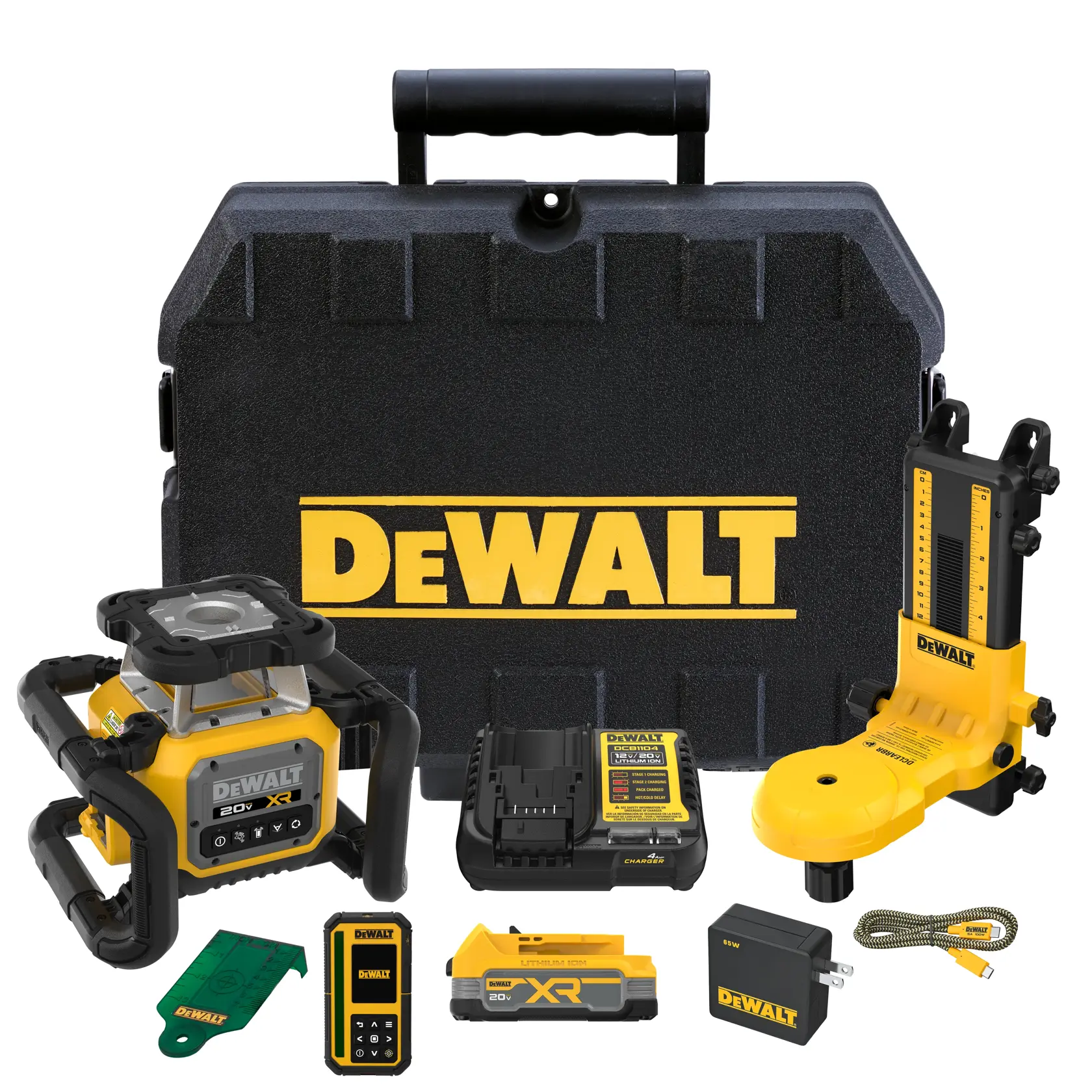 A DEWALT 20V XR rotary laser kit with accessories is displayed. The image shows a black and yellow carrying case with the DEWALT logo, a rotary laser unit with protective cage, a laser detector, a battery charger, a rechargeable battery, a remote control, a wall mount bracket, a green target card, a power adapter, and a cable.