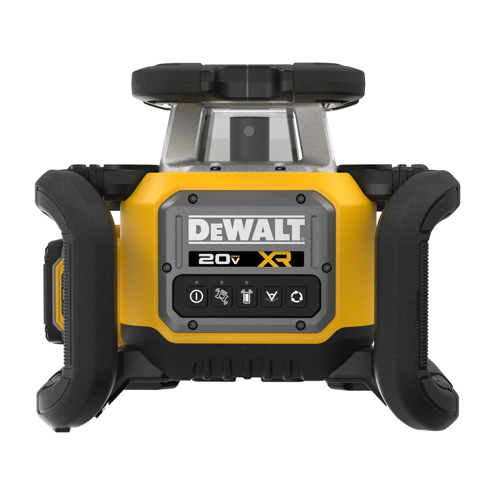 Front view of a DEWALT 20V XR rotary laser level tool, featuring yellow and black casing, protective bumpers, and a digital control panel with several icons and buttons on the front.