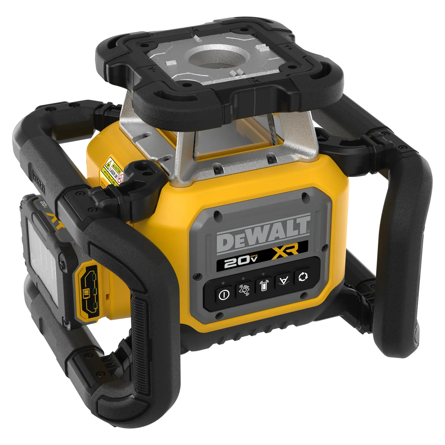 A DEWALT 20V XR rotary laser tool with a rugged yellow and black design, protective handles, and control panel on the front. The product appears durable and suitable for construction or photography applications.