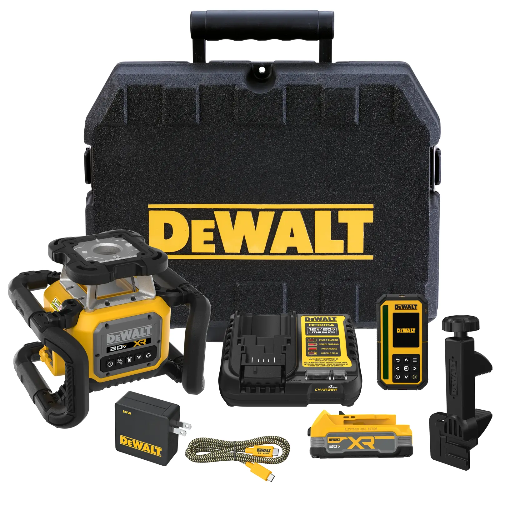 DEWALT 20V laser level kit displayed with a black carrying case, laser level device, battery charger, lithium-ion battery, remote control, mounting bracket, power adapter, and USB cable. All items feature DEWALT yellow and black branding.